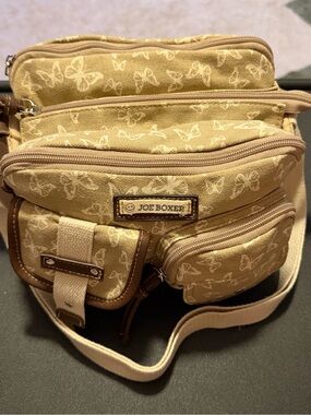 Vintage Joe Boxer multi-pocket utility crossbody bag Tan Butterfly Canvas